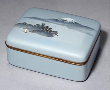 A JAPANESE 'WIRELESS' CLOISONNE ENAMEL BOX AND COVER, 20TH C   the cover with view of Mt Fuji, lined in woven silk, 13cm l++G