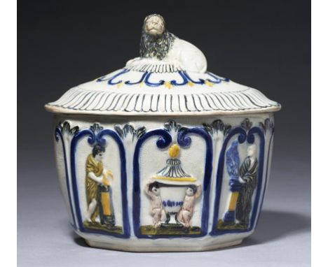 A PRATT WARE SUGAR BOX AND COVER, C1790 moulded with panels of classical figures and putti, 13cm h A teapot of the same form 