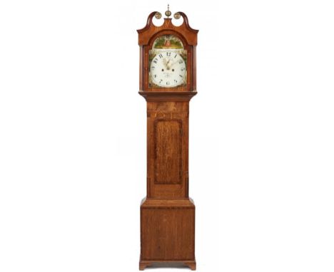 AN ENGLISH OAK AND MAHOGANY EIGHT DAY LONGCASE CLOCK, WILLIAM HEWSON, LINCOLN, SECOND QUARTER 19TH C  the painted dial with a