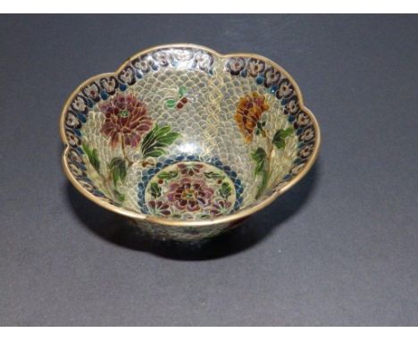 A Chinese plique-a-jour enamel bowl with lobed rim, 4” diameter