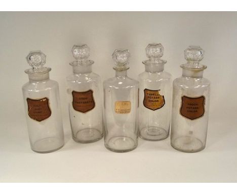 DRUG JARS.
Five glass drug jars & a pastilles jar with cut glass stopper. Labels of varying ages.
Height 23 & 20cm.