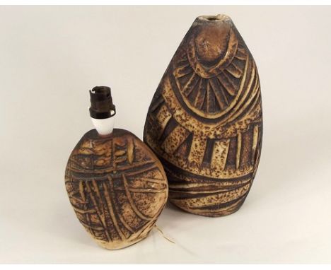 TREMAEN POTTERY.
Two Tremaen Pottery lamp bases. Height 32cm & 18.5cm.
 CONDITION REPORTS: Larger has damage to lamp holder a