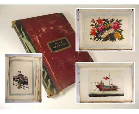 RICE PAINTINGS.
An early 19th century album of rice paintings etc, comprising the following 11 full size 20 x 30cm paintings;