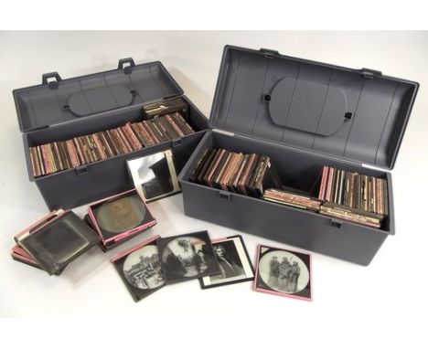 MAGIC LANTERN SLIDES.
Two boxes of over 100 glass magic lantern slides relating to art, religious & English history subjects 