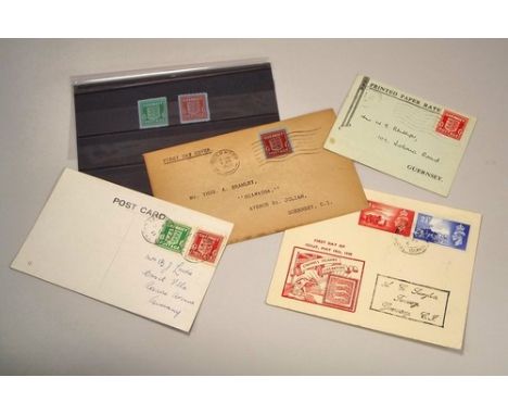 CHANNEL ISLANDS WWII OCCUPATION POSTAL ITEMS.
Three covers with franked Guernsey  1d & 1/2d stamps 1941/42, a pair of mint Gu