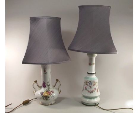 TABLE LAMPS.
A Limoges twin handled vase, converted as a table lamp & a 19th century hand painted glass vase, similarly conve