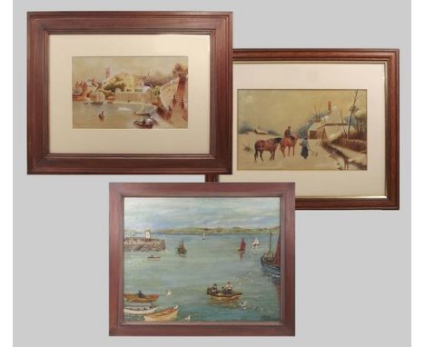 PICTURES.
An amateur watercolour of the Abbey Basin, Penzance, initialled MB, an oil of St. Ives by Winifred Pascoe & one oth