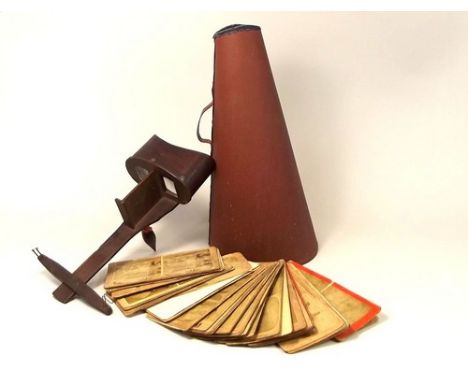 STEREOVIEWER ETC.
A simple wooden stereoviewer, a small collection of view cards, mostly topographical & a compressed cardboa