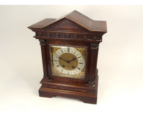 GERMAN CLOCK.
A German architectural, mahogany veneered large mantel clock, the movement stamped Lenzkirch, the silvered & br