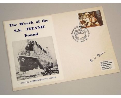 STAMPS: TITANIC FDC.
The discovery of the wreck of the Titanic, 1985 First Day Cover signed by Bertram Vere Dean, one of the 