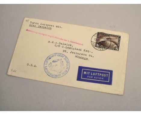 STAMPS: ZEPPLIN 1929 AIRMAIL COVER.
Graf Zeppelin airship airmail cover for the 2nd Atlantic crossing to the USA. After parti