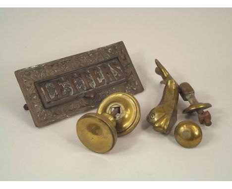 DOOR FURNITURE.
A cast brass 'Letters' box, a cast brass dolphin door knocker etc.