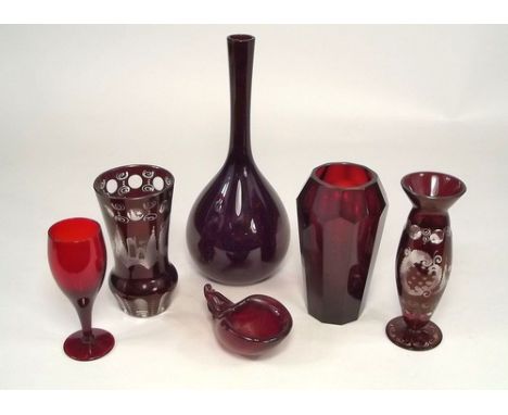 RUBY GLASS.
Six pieces of ruby glass, mostly early 20th century.