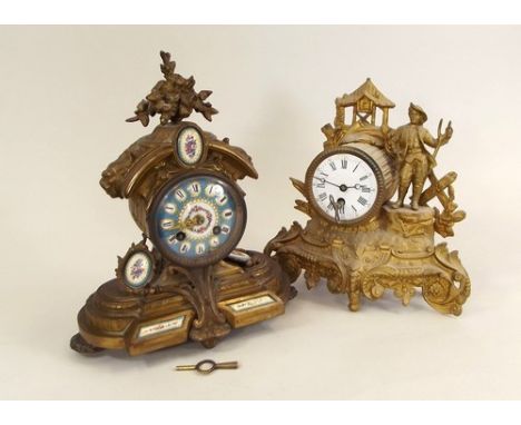 MANTEL CLOCKS.
An early 20th century, gilt spelter figural mantel clock, height 26cm & one other French gilt spelter mantel c
