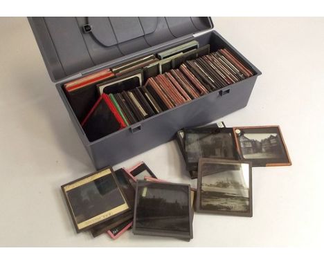 MAGIC LANTERN SLIDES.
A box of over 50 glass magic lantern slides of British castles, abbeys, country houses & colleges. Many