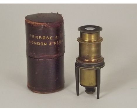 PHOTOGRAPHER'S LENS.
A photographer's lens with detachable tripod stand, inscribed Penrose & Co., London and Paris. The leath