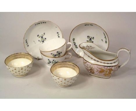CAUGHLEY ETC.
A pair of Caughley gilt-spot tea bowls, c.1790, two English porcelain cups & saucers & and English porcelain sa