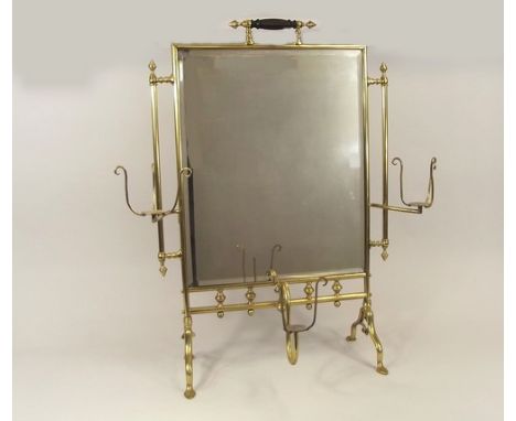 VICTORIAN FIRE SCREEN.
A High Victorian, brass mounted & mirrored fire screen, with three swivelling cache pot stands.
85 x 5