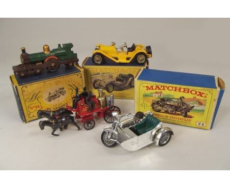 MATCHBOX MODELS OF YESTERYEAR.
Boxed models Nos: Y7, Y8 & an unboxed Y4 horse drawn fire engine.  CONDITION REPORTS: Boxed it