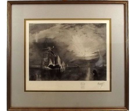 J.M.W. TURNER.
An engraving of The Fighting Temeraire, by Turner, with self portrait vignette.
Image size 32 x 34cm.
NOTE: In