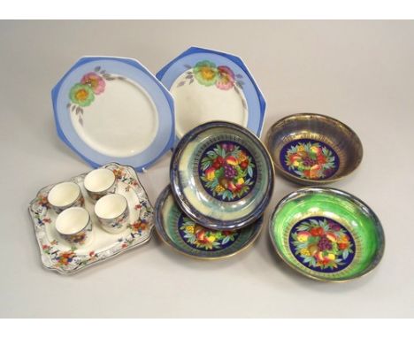 CLARICE CLIFF ETC.
A pair of Clarice Cliff Rhodanthe plates, four Minton's hand painted dishes & a Crown Ducal egg cup cruet.