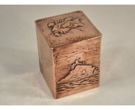 HERBERT DYER.
A Herbert Dyer tea caddy decorated with St. Michael's Mount & a fish to the lid. Stamped 'H. DYER'. Height 12cm