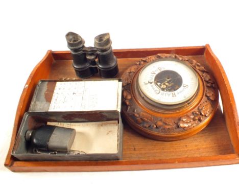 A circular carved oak barometer plus opera glasses etc