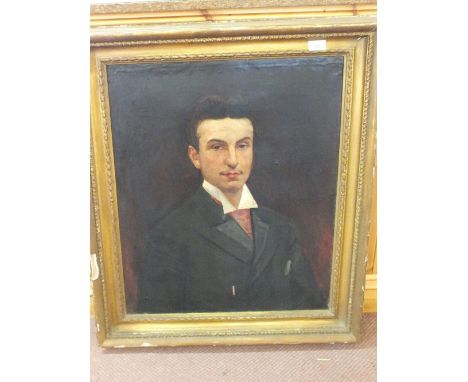 Oil on canvas of a portrait of young gentleman in gilt frame, circa 1910, 26" x 21" (as found)