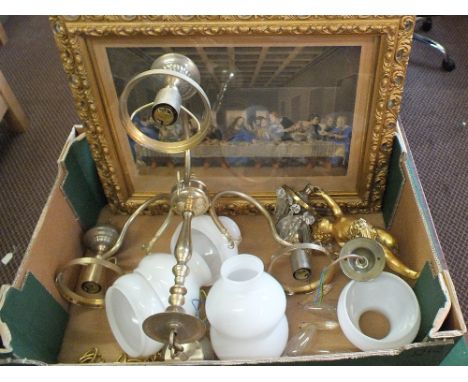 A brass light fitting, cherub droplet lamp and a print 'Last Supper'