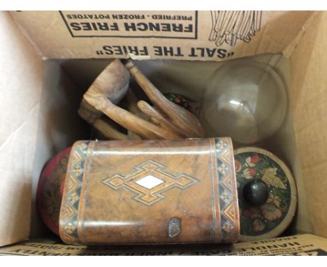 A 19th Century inlaid tea caddy plus wooden sundries etc