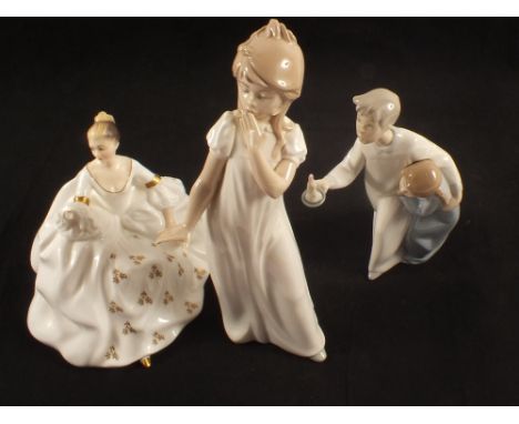 Three figurines, Lladro, Nao and Royal Doulton (one as found)