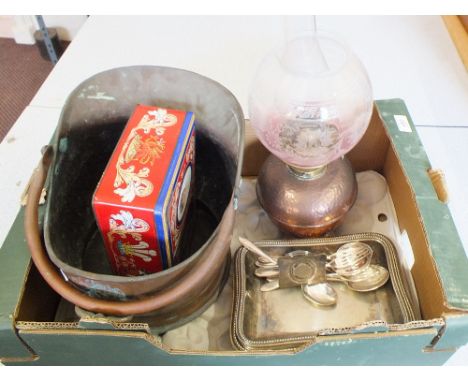 A copper oil lamp with etched glass shade, coal helmet plus other items