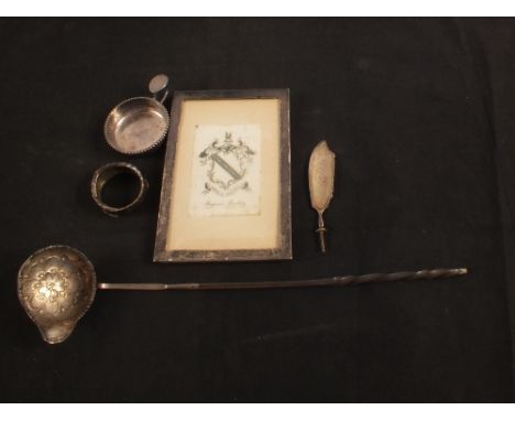 A silver photo frame, Georgian white metal toddy ladle plus other items