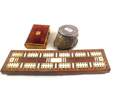 A silver plated hoof inkwell, inlaid crib board plus a book of Common Prayer in Bagster gilt metal binding