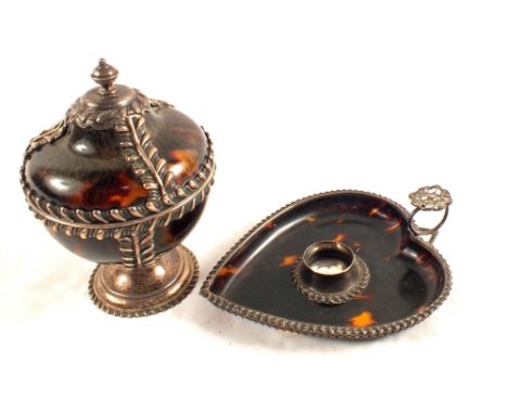 A tortoiseshell and silver mounted pot and cover plus heart shaped candlestick, retail mark Thornhill, Bond St