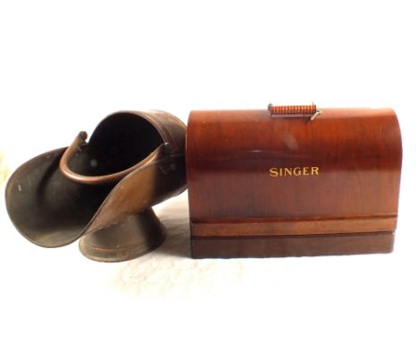 A Victorian copper coal helmet plus a Singer sewing machine
