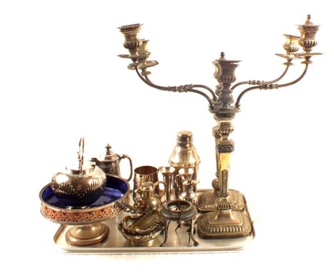A pair of two branch candelabra plus other silver plate