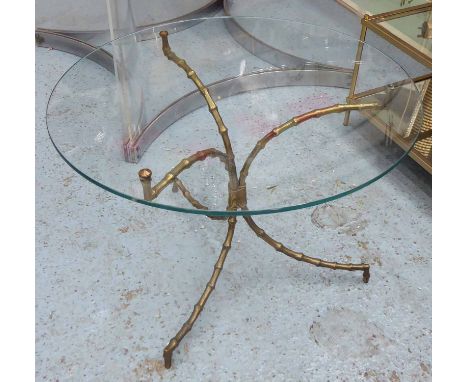 GLASS LAMP TABLE, circular on a faux bamboo brass base, 61cm x 43cm H. (with faults)