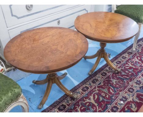 LAMP TABLES, a pair, Regency style yewwood and burr walnut with circular tops on quadraform supports by Bevan Funnel, 51cm H 