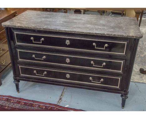 DIRECTOIRE COMMODE, late 18th century, French, ebonised and silvered metal mounted, with three long drawers, 130cm W x 84cm H