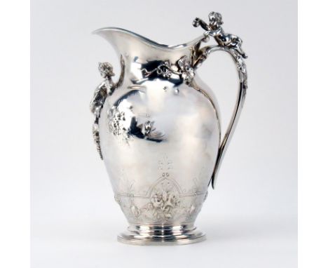 Gorham Art Nouveau Silver Plated Foliage and Cherub Relief Water Pitcher. Monogrammed, hallmarked on underside. Small dent on