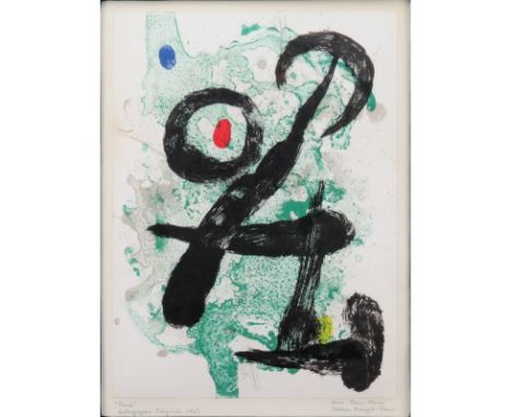After: Joan Miro, French (1893-1983) Color Lithograph "Faume". Inscribed (not by artist). Light toning or in good condition. 