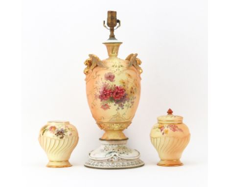 Collection of Three (3) Royal Worcester Porcelain Items. Includes a large urn (now as lamp), 14" H (not including base and la