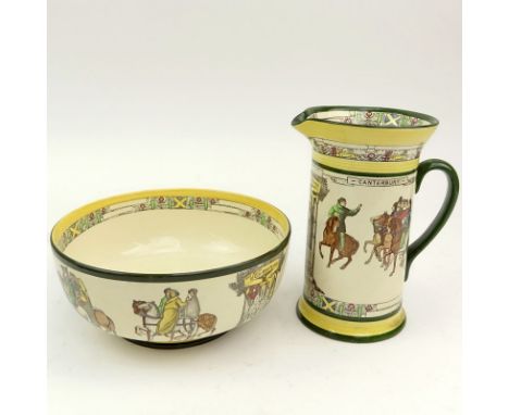 Royal Doulton England Canterbury Pilgrims Pattern Youth Wash Basin and Pitcher. Marked. Good condition. Pitcher measures 7-1/