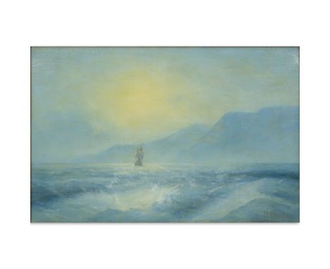 19/20th Century Russian Oil on Canvas, Ship in the Evening Light. Signed Alisov lower right. Craquelure and unexplained white