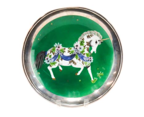 Vintage Hand Painted Porcelain Plate With Silver Rim. Signed Handy. Light scratches and wear or in good condition. Measures 1
