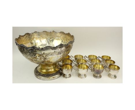 Vintage Silver Plate Hand Chased Punch Bowl Set With 12 Cups. Signed. Good condition with light wear. Bowl measures 12" H x 1