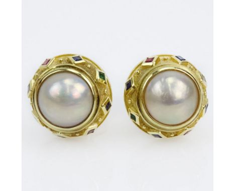 Vintage Bulgari style 14 Karat Yellow Gold and Mabe Pearl Clip Earrings with Ruby, Emerald and Sapphire Accents. Stamped 14K.