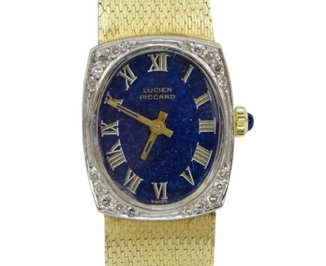 Lady's Vintage Lucien Picard 14 Karat Yellow Gold Bracelet Watch with Lapis Lazuli Dial and Diamond Bezel, Manual Movement. S