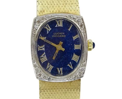 Lady's Vintage Lucien Picard 14 Karat Yellow Gold Bracelet Watch with Lapis Lazuli Dial and Diamond Bezel, Manual Movement. S